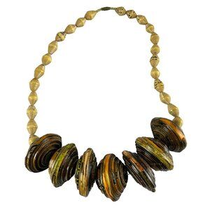 Handmade African Paper Bead Necklace Yellow & Black 20 Inch Length